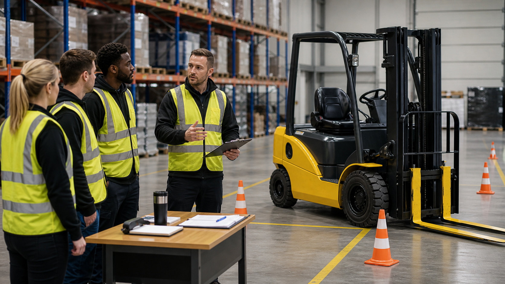 Forklift instructor briefing operators in a warehouse training bay