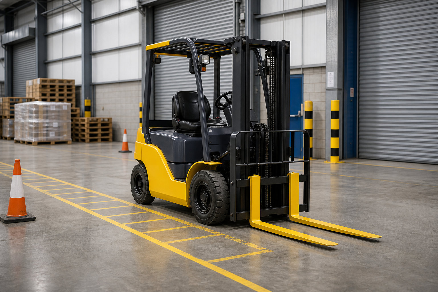 Counterbalance forklift truck in a marked warehouse training bay