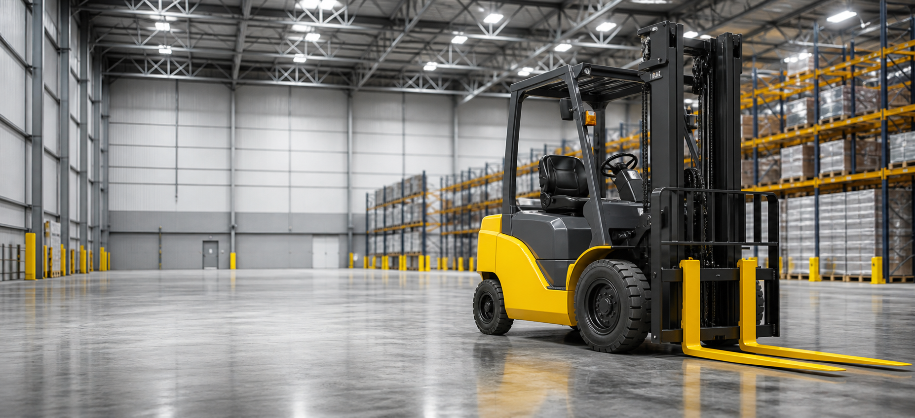 Yellow forklift truck in a warehouse