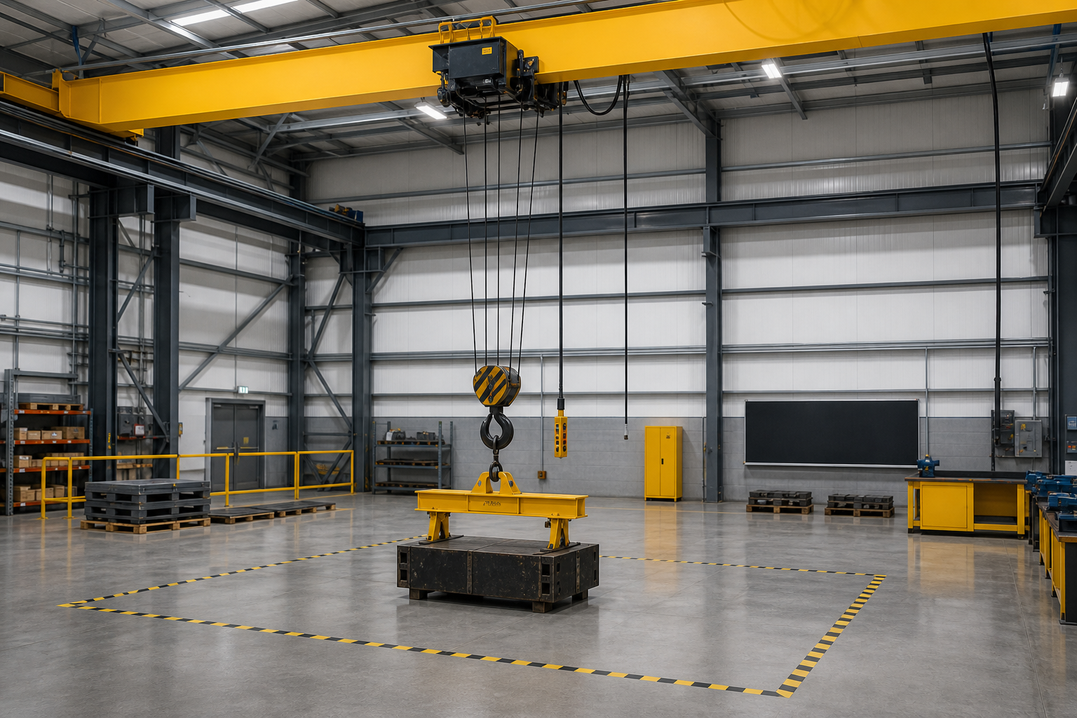 Overhead crane hoist in a marked workshop training area