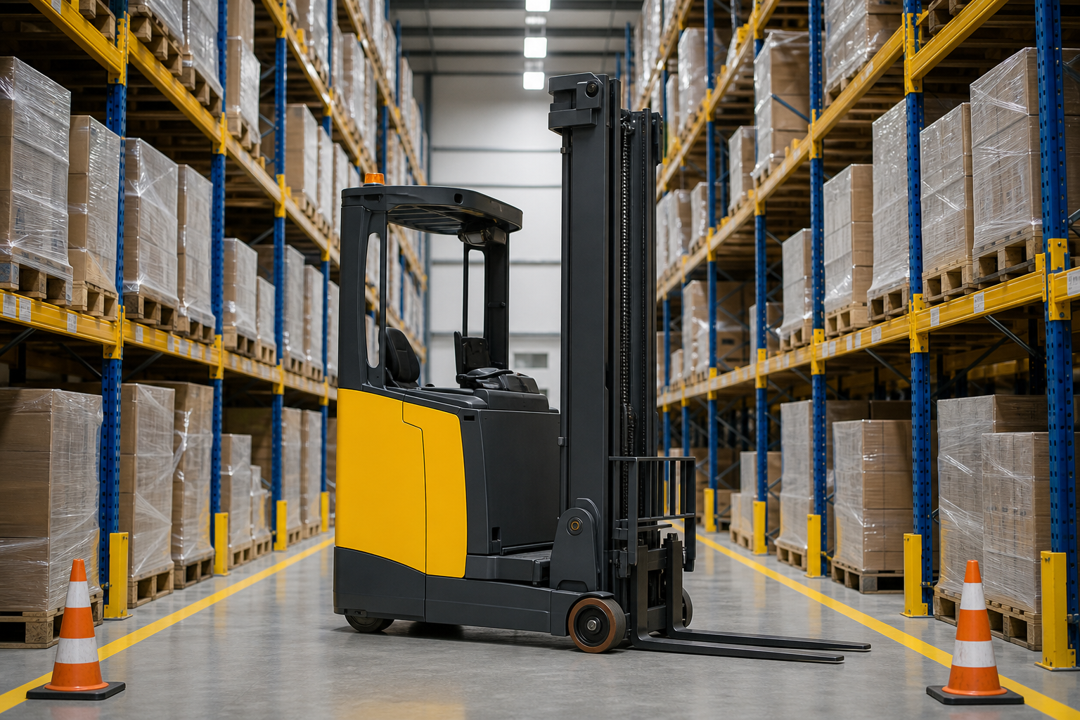 Reach truck in a narrow warehouse racking aisle