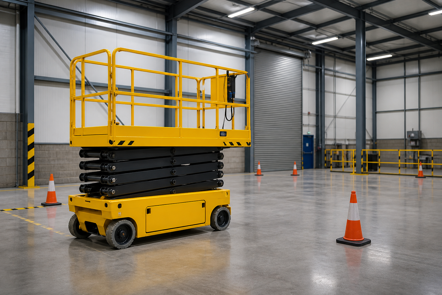 Yellow scissor lift in a warehouse training bay